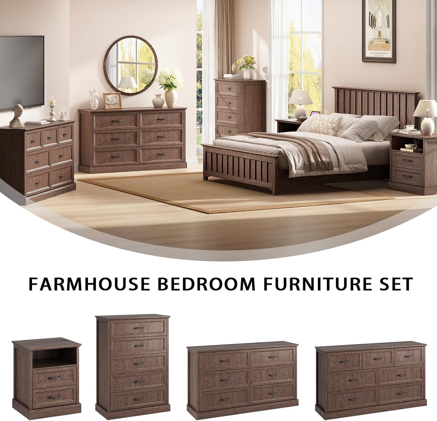 Farmhouse 7 Drawer Dresser for Bedroom, 55 Inch Wide Modern Brown Dresser TV Stand with Large Drawers & Bar Handles, Rustic Wood Chest of Drawers for Bedroom, Living Room, Hallway, Entryway.
