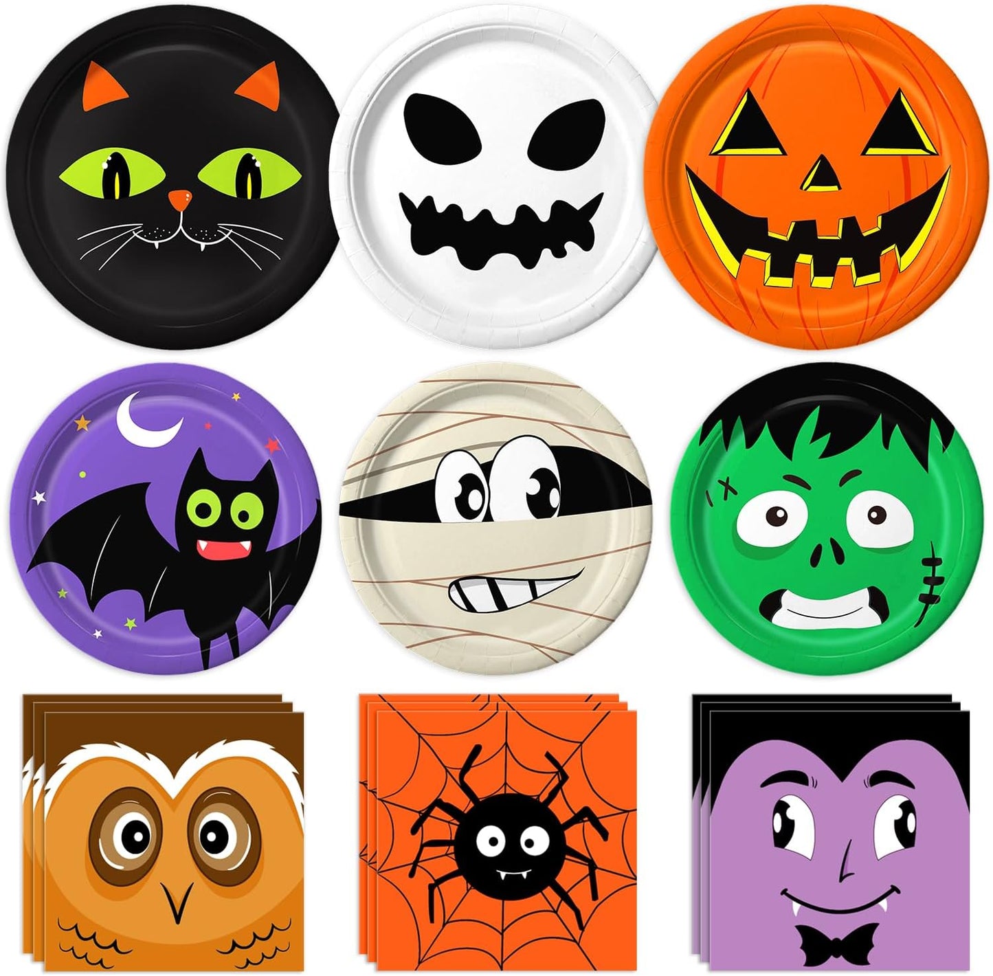 105PCS Halloween Paper Plates Ghosts Pumpkin Skull Spider Web Design for Halloween Party Decorations Supplies, Serves 30