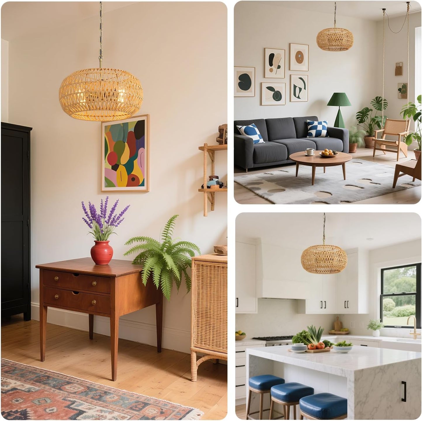 Rattan Pendant Light Kitchen Island,Farmhouse Chandelier for Dining Room Light Fixture Over Table,Ceiling Hanging Light Fixture with Wicker Lamp Shade for Bedroom Hallway Living Room