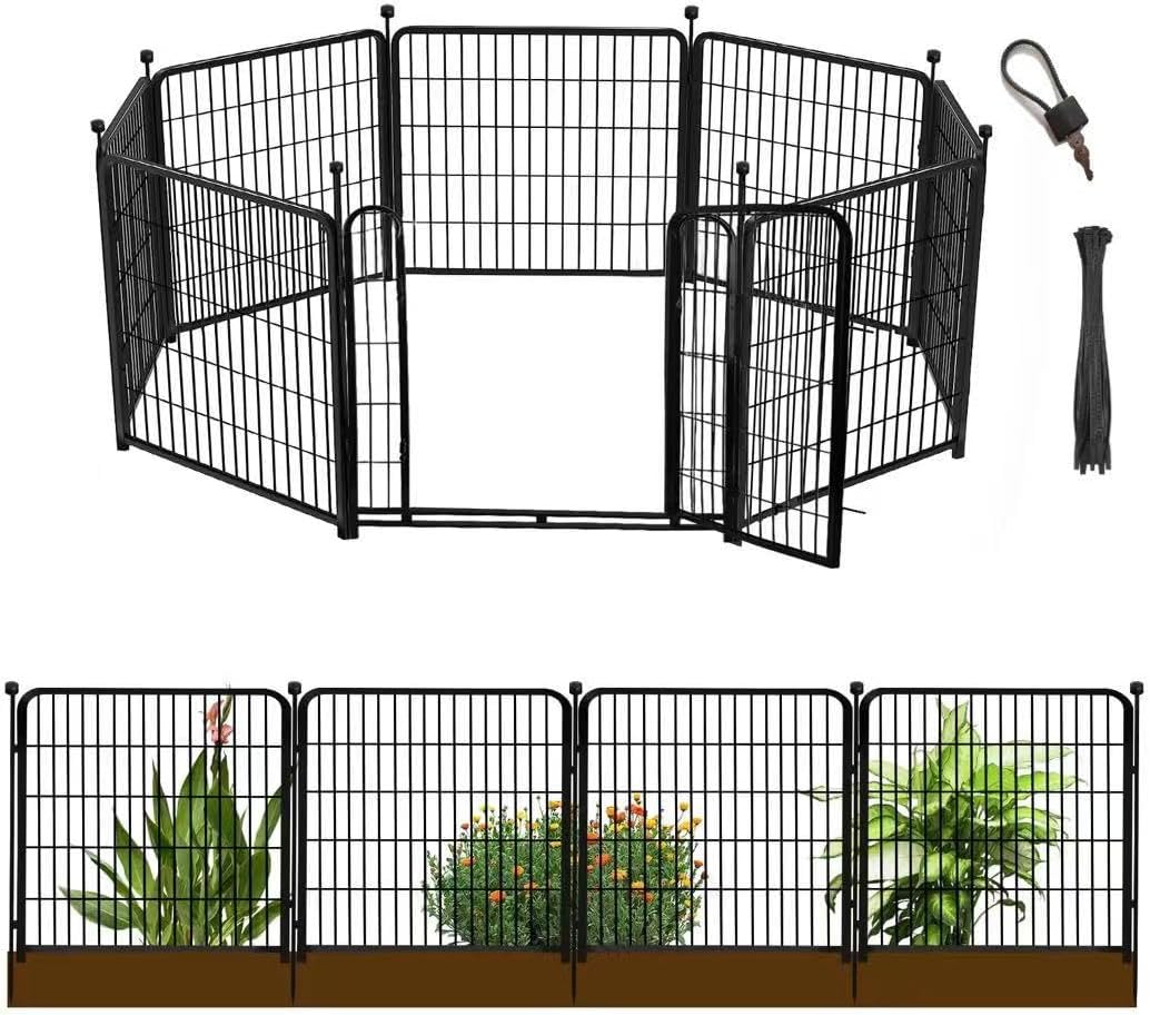 24 in(H) Decorative Garden Fences with Gate, 8 Panels Total 15.7 ft(L) Heavy Duty Iron Animal Barrier Fence for Yard,Suitable for Indoor Pet Fence Or Outdoor Dog Fencing, Garden Border Fence