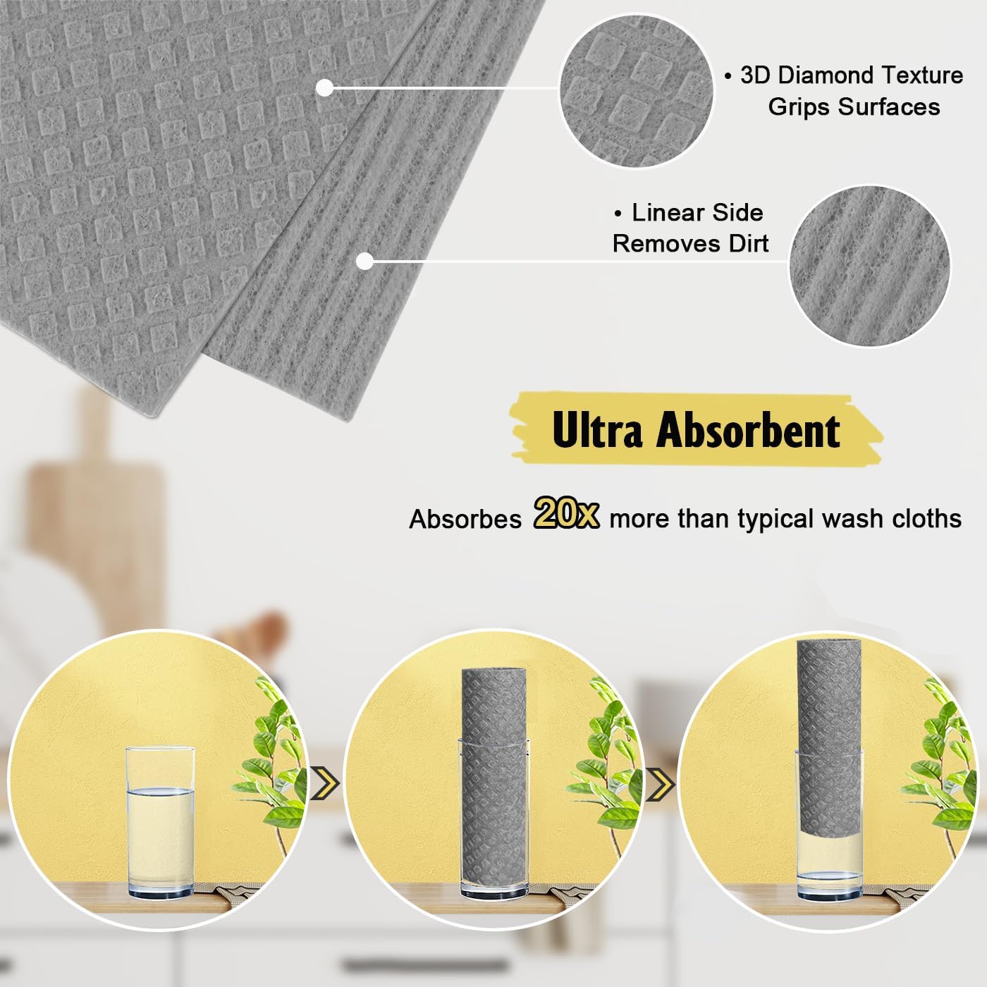 Swedish Dishcloths for Kitchen | 10 Pack Absorbent Cellulose Sponge Cloths Washable | Non-Scratch Reusable Paper Towels Quick Drying Cleaning Rag - Grey