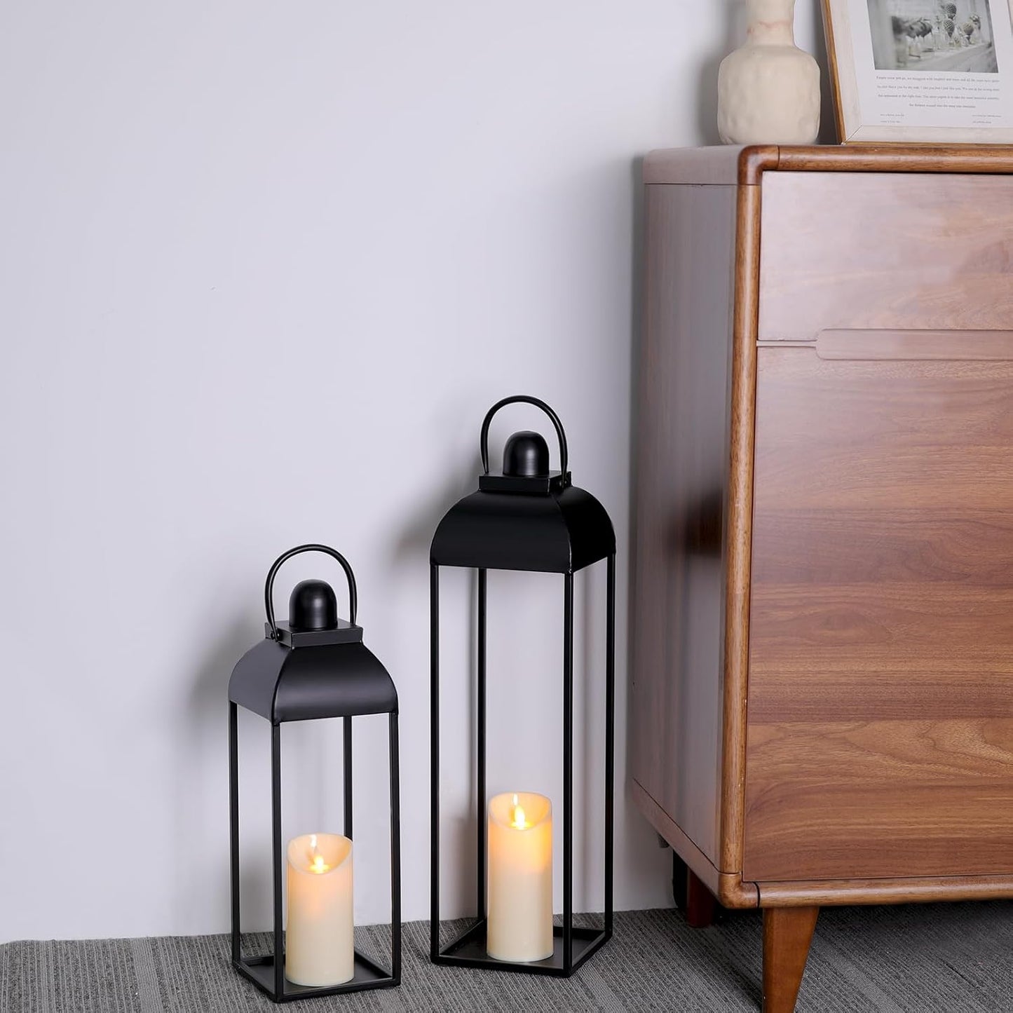 25'' 19'' Lanterns Decorative Outdoor Indoor, Black Metal Outdoor Candle Lanterns, Set of 2 Modern Farmhouse Decorative Lantern for Fireplace, Patio, Porch, Floor, Halloween Lantern (No Glass)