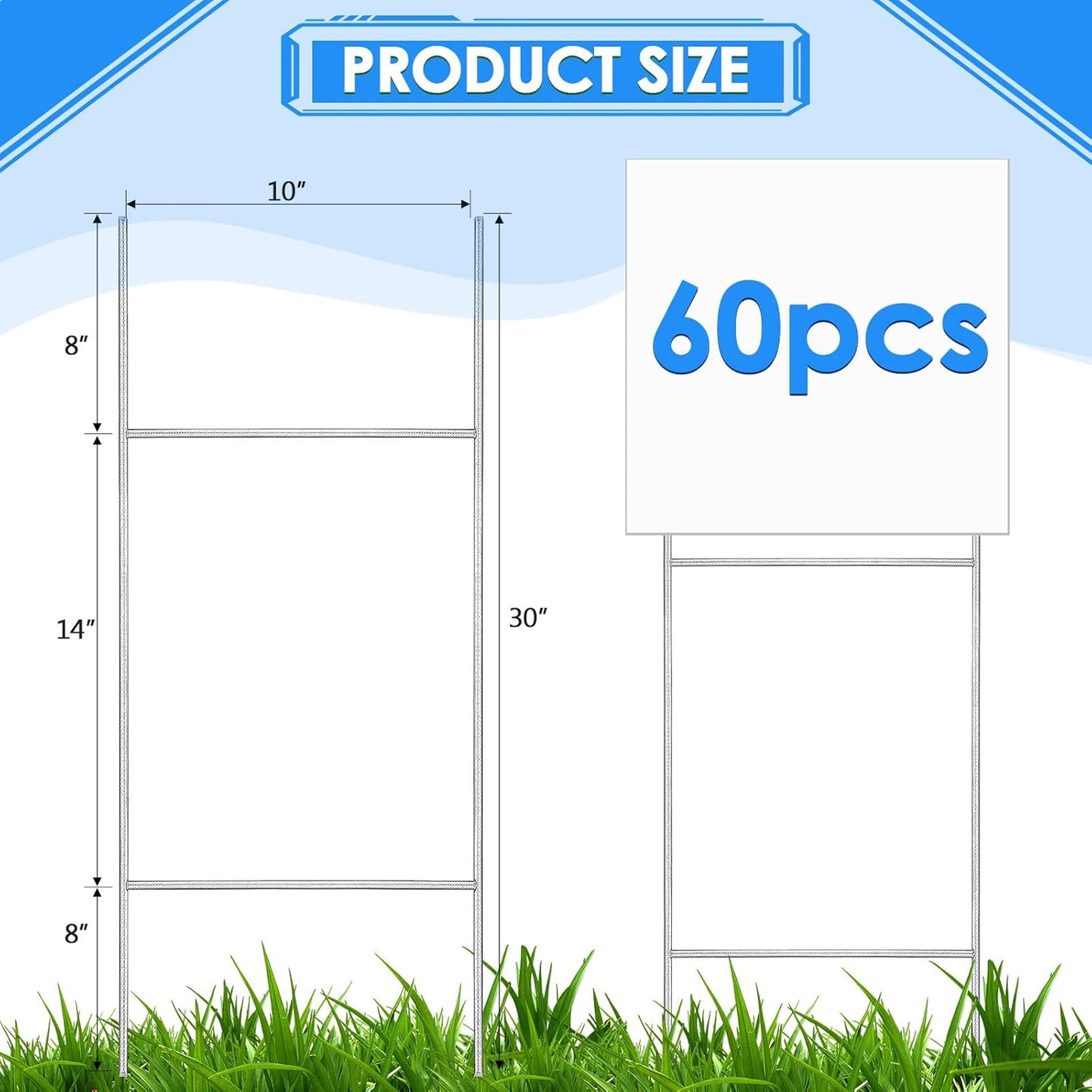 60 Pcs H Stakes for Yard Signs 30'' x 10'' Metal Heavy Duty H Frame Wire Stakes Weatherproof Metal Holder for 4mm 5mm Corrugated Signs Advertising Board Guidepost Yard Halloween Decor