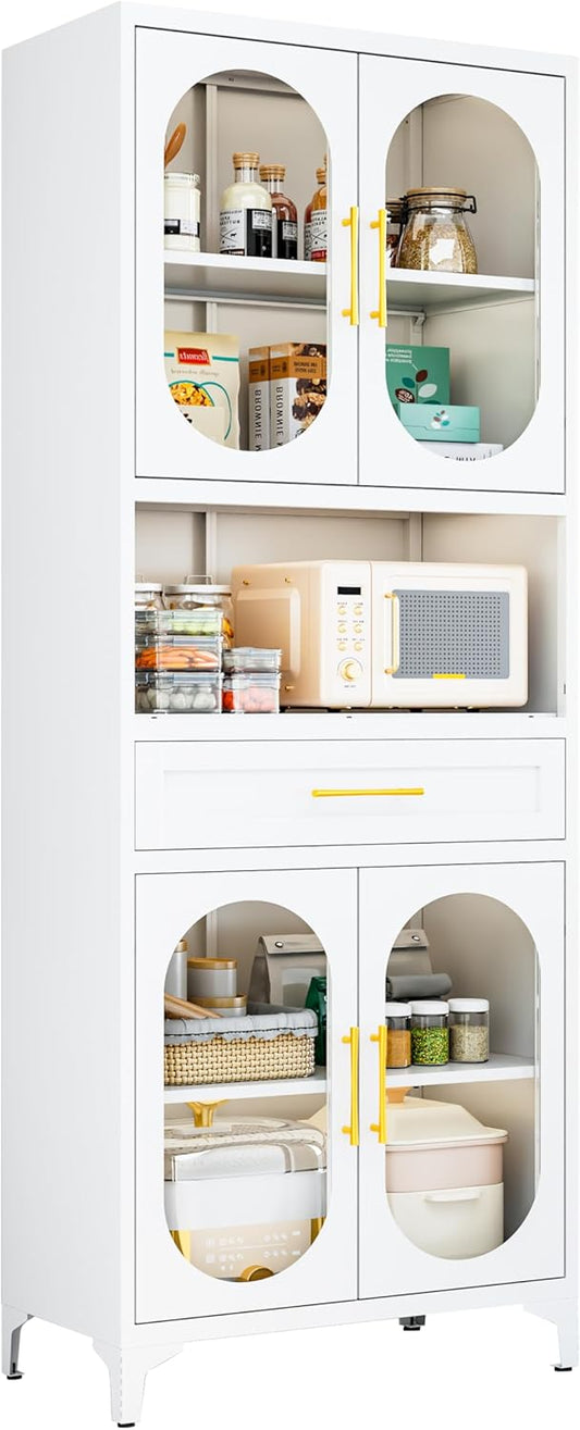 75” Tall Kitchen Pantry Storage Cabinet, Metal Storage Cabinet with 1 Drawer and Adjustable Shelves, Kitchen Pantry Cupboard, Freestanding Cupboard for Bathroom, Living Room (White-Glass Door)