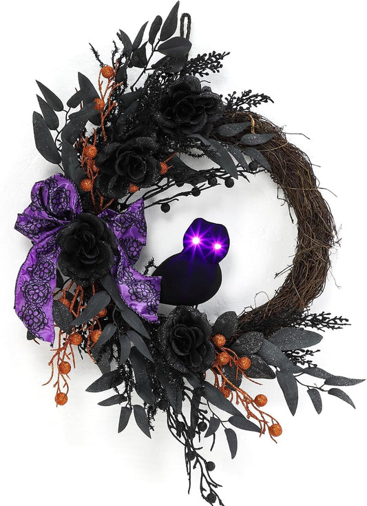 22 Inch Halloween Wreath with Lighted Eyes, Black Prelit Wreath with Artificial Roses, Willow Leaves, Ribbon for Indoor/Outdoor Home Decor
