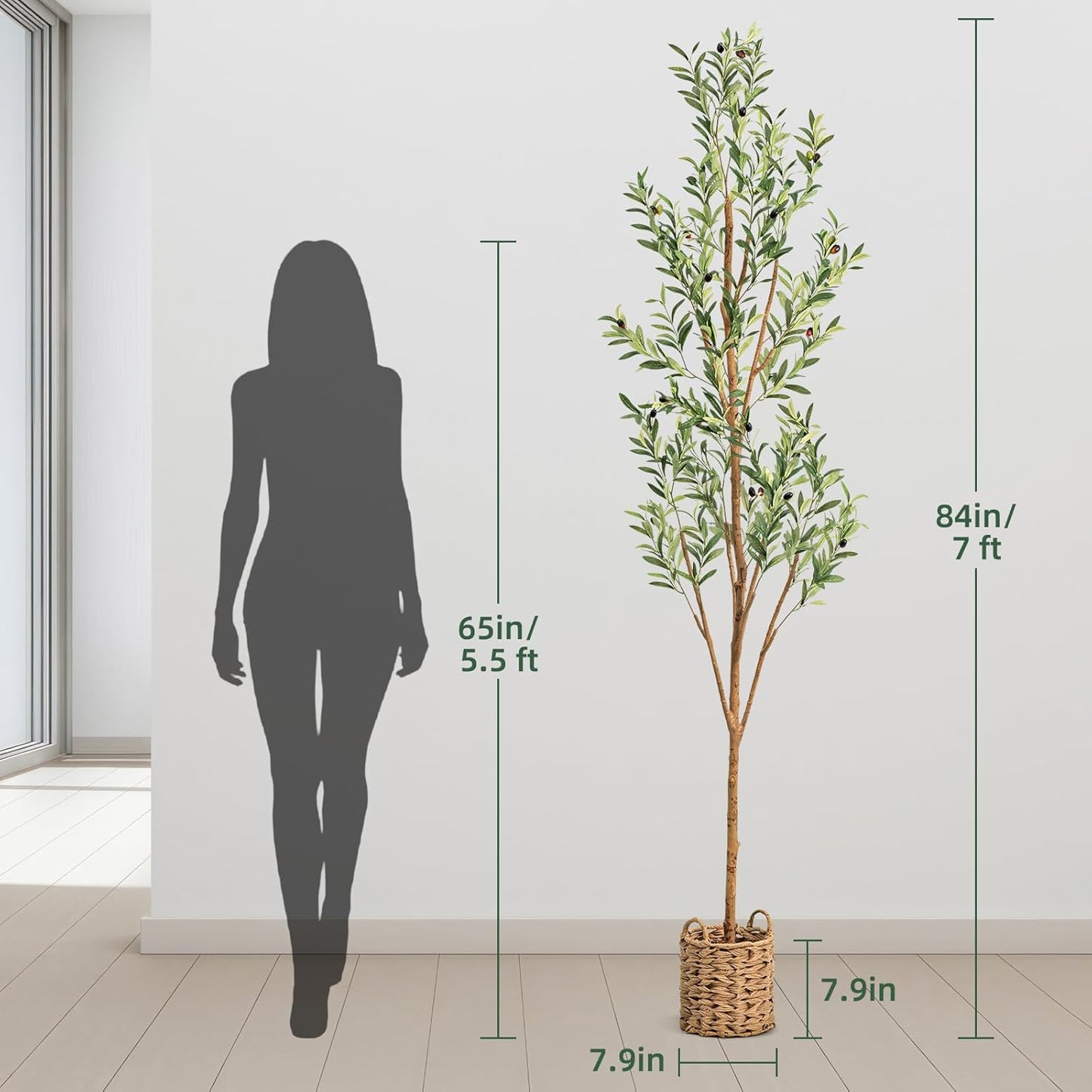 7ft Artificial Olive Tree with LED Fairy Lights & Woven Planter - Lifelike Faux Silk Plant with Realistic Leaves & Fruits and Natural Trunk for Indoor Home Office Living Room Bedroom Foyer Decor