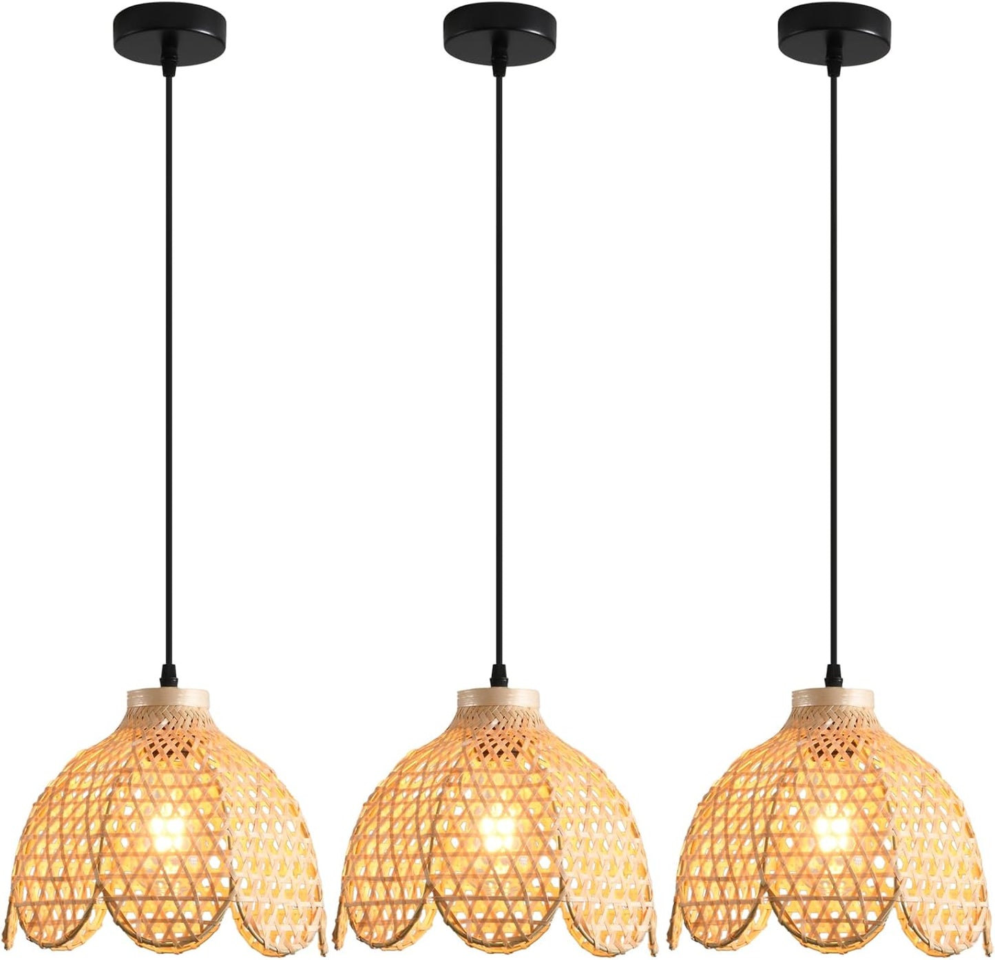 3-Pack Boho Pendant Light Fixture 9.8" Bamboo Hanging Light Mini Rattan Pendant Light,Woven Wicker Shade Rattan Chandelier for Dining Living Bedroom Kitchen Farmhouse