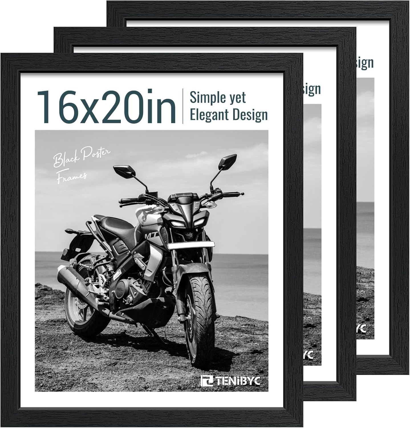 16x20 Picture Frame Set of 3 - Black Woodgrain, Solid Wood, HD Tempered Glass, Wall Gallery Poster Frame