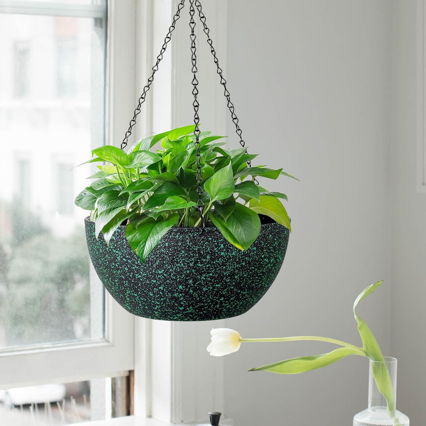 13inch Large Hanging Planters Pots for Outdoor Indoor Plants with Drainage Holes and Chain, 2pack Round Hanging Flower Pots for Garden Home Porch Decor, Black with Green Speckles