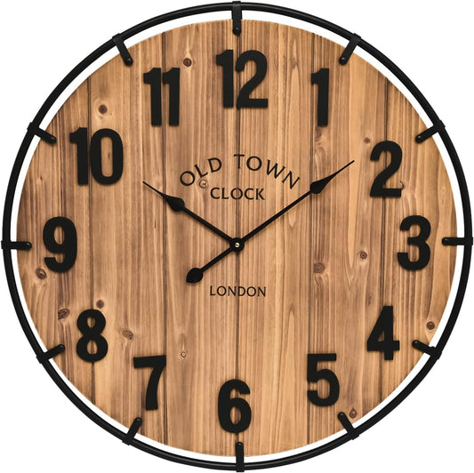 Large Old Town Farmhouse Wall Clock 20 Inches - Rustic Antique Wood with Metal Circle and Large Numerals Silent Battery Operated Wall Clock for Office Kitchen Bedroom Living Room