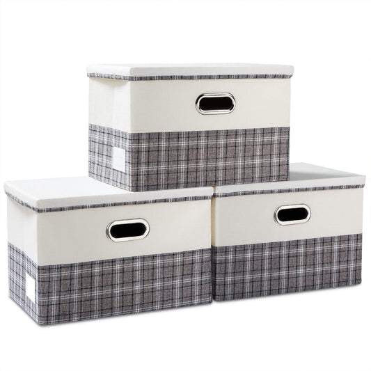 PRANDOM Large Collapsible Storage Bins with Lids [3-Pack] Fabric Foldable Storage Boxes Organizer Containers Baskets Cube with Cover for Home Bedroom Closet Office Gray plaid & Cream(17.7x11.8x11.8)