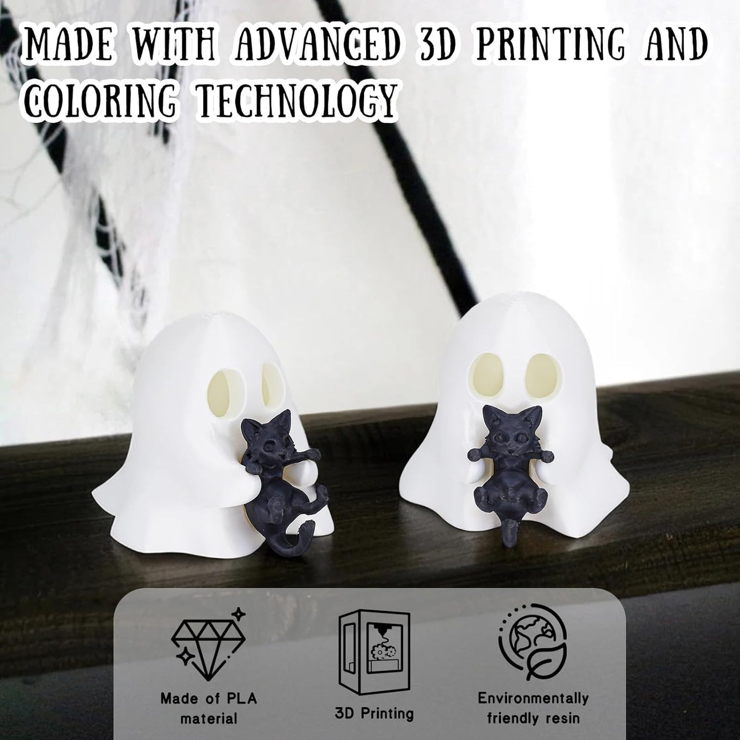 1 Pcs Halloween Ghost Figurine Cute Desktop Ornament Cute Cartoon Little Ghost Hugging Kitten Designs Resin Spooky Halloween Statue for Home Offince Art Display Decor Suppies