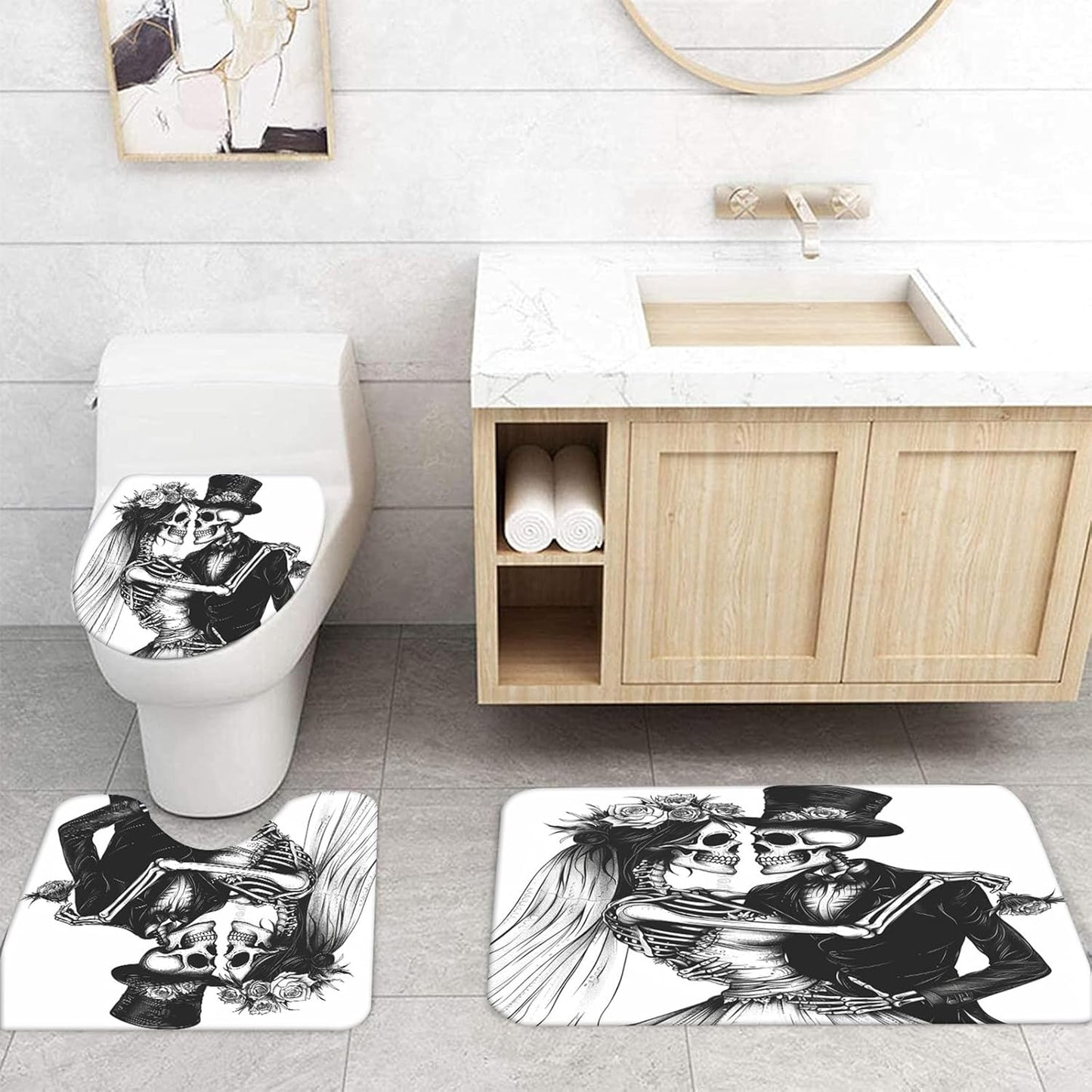 NEWSUYAA Halloween Decorations Shower Curtain Set with Non-Slip Rugs and Bath Mats,Black Skull Skeleton Bathtub Curtains with 12 Hooks,All Saints'Day (Nov 1st) Bathroom Decor