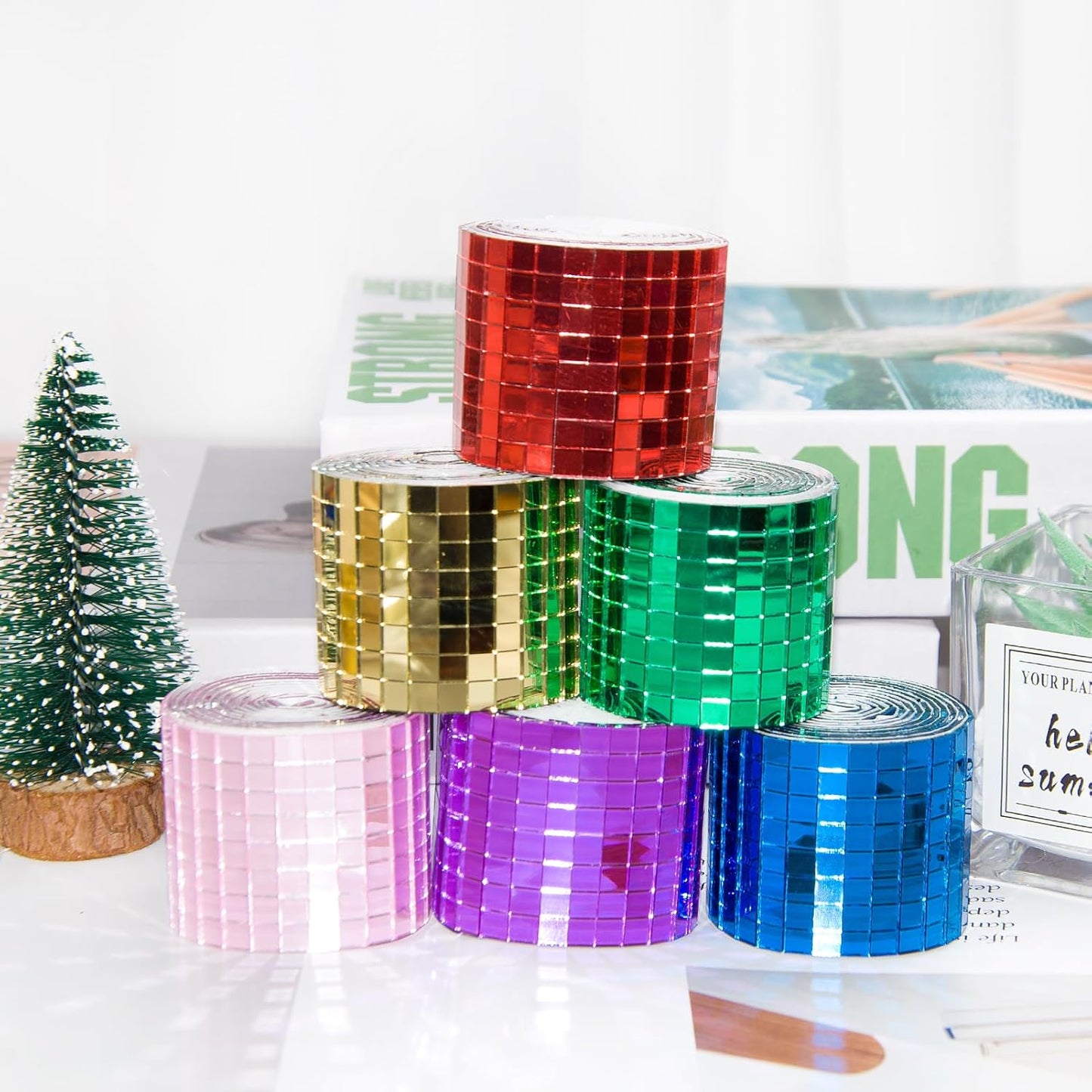 Silver Self-Adhesive Glass Mirror Mosaic Tiles, 5 x 5 mm Square Mirror Tiles, 3200 Pieces Disco Ball Tiles for DIY Craft, 2 Rolls Disco Mirror Tiles for Interior, Art Collage, Card Making, Cups