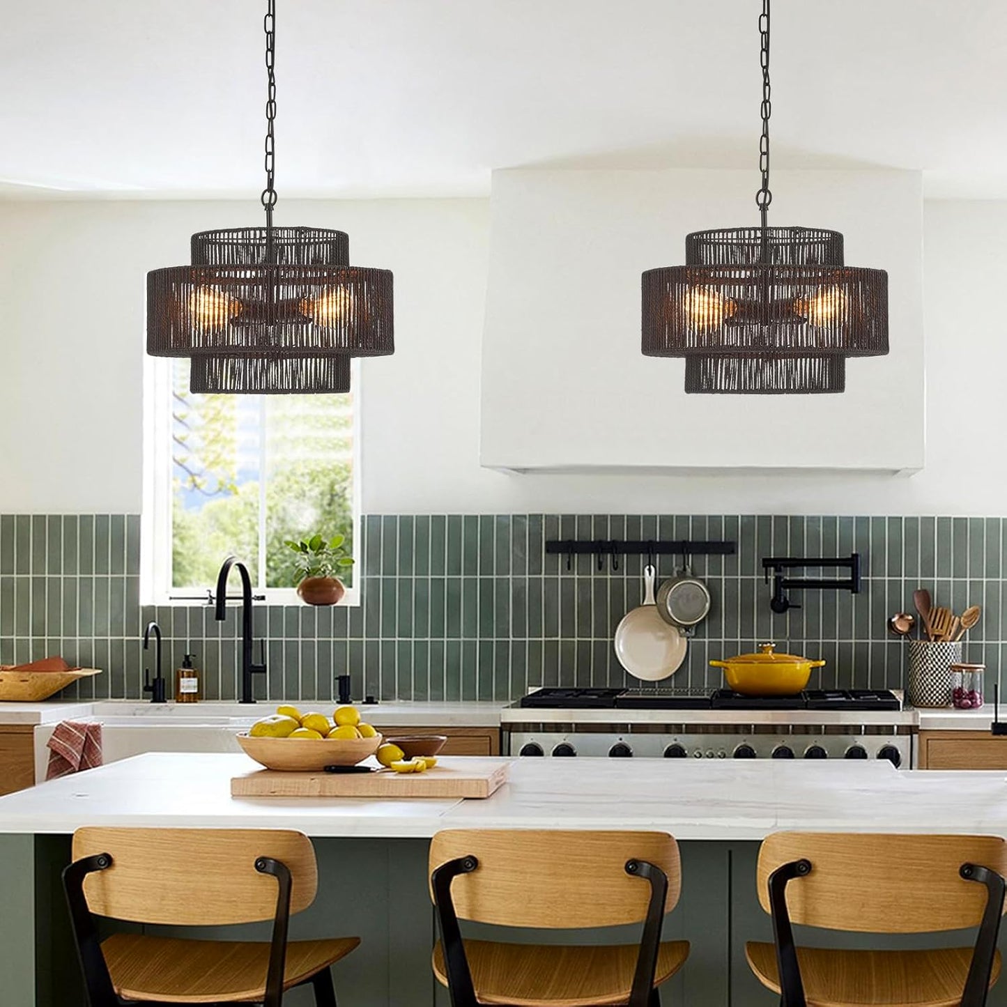 17.7" Rattan Chandelier Light Fixture Vintage 4-Lights Farmhouse Boho Hand-Woven Bamboo Chandelier Retro 3-Tier Drum Wicker Rattan Black Chandeliers for Dining Room, Kitchen, Bedroom,Foyer