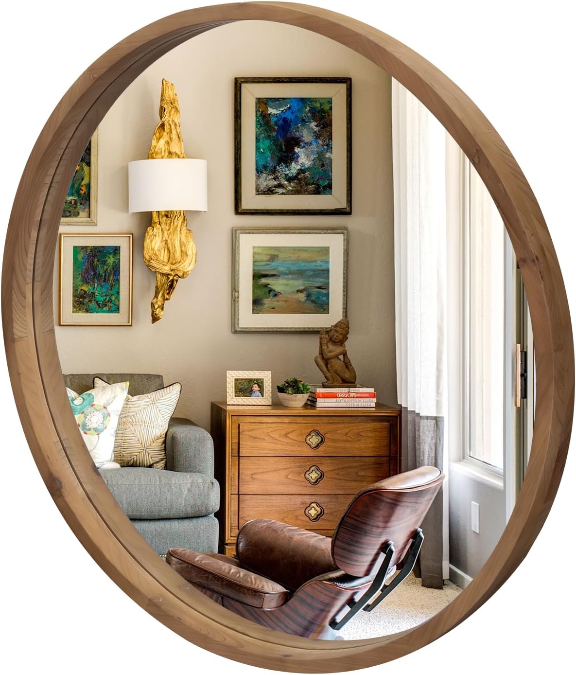 36" Bathroom Mirror, Round Wall Mirror with Wood Frame, Farmhouse Mirror for Wall Decor, Wall-Mounted Mirror for Bedroom, Living Room, Brown