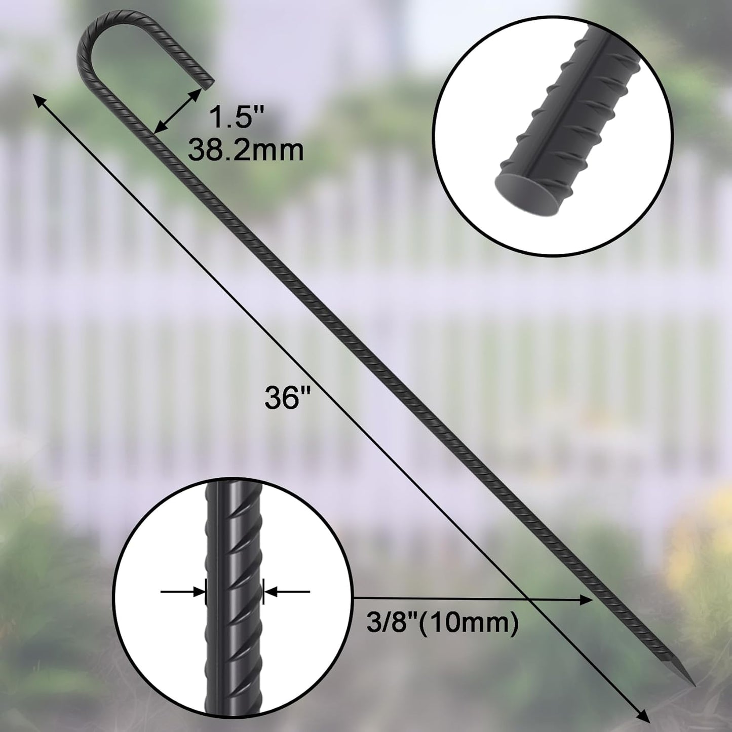 J Hook Rebar Stakes 36 Inch 3/8 Inch Diameter Steel Tent Stakes Heavy Duty Chain Link Fence Stakes Trampoline Stakes with Chisel Point End Metal Stakes for Ground, Canopy Swing Set, Black (16 Pcs)
