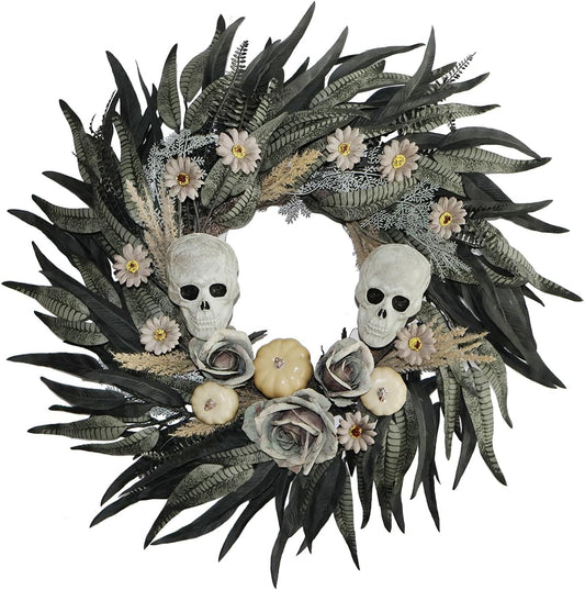24" Snakeskin Leaves Halloween Wreaths for Front Door with Skulls Flowers and Pumpkins - Gothic Party Black Halloween Porch Wall Door Decor