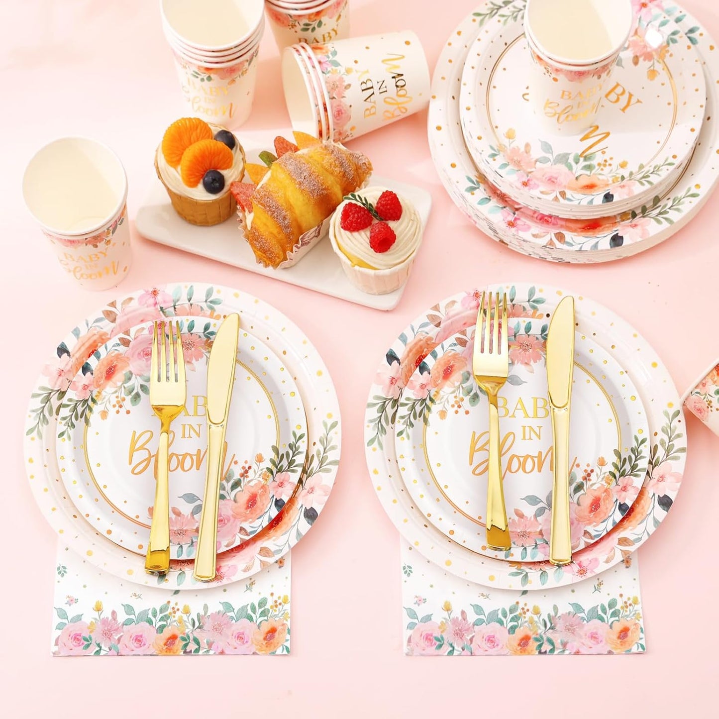 350 Pcs Baby in Bloom Baby Shower Decorations for Girl, Its a Girl Baby Shower Plates and Cups and Napkins Sets, Pink Floral Baby in Bloom Plates and Napkins Sets, Serves 50