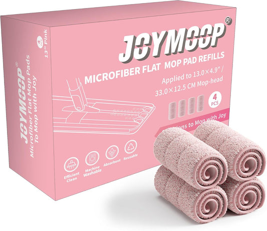 JOYMOOP Flat Mop Pads, Microfiber Mop Cleaning Pads, Washable Pads, Pads Replacement for Flat Mop or Mop Bucket Set, Pack of 4 Refills 13inch - Pink