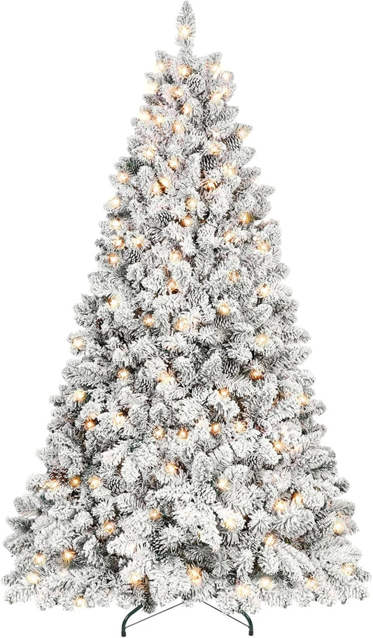 7.5 ft Prelit Flocked Christmas Tree, Lighted Full Christmas Tree with Pine Cones & 550 UL Lights, Snow Frosted Artificial Christmas Tree with Lights, Auto Hinged Xmas Tree for Holiday Décor