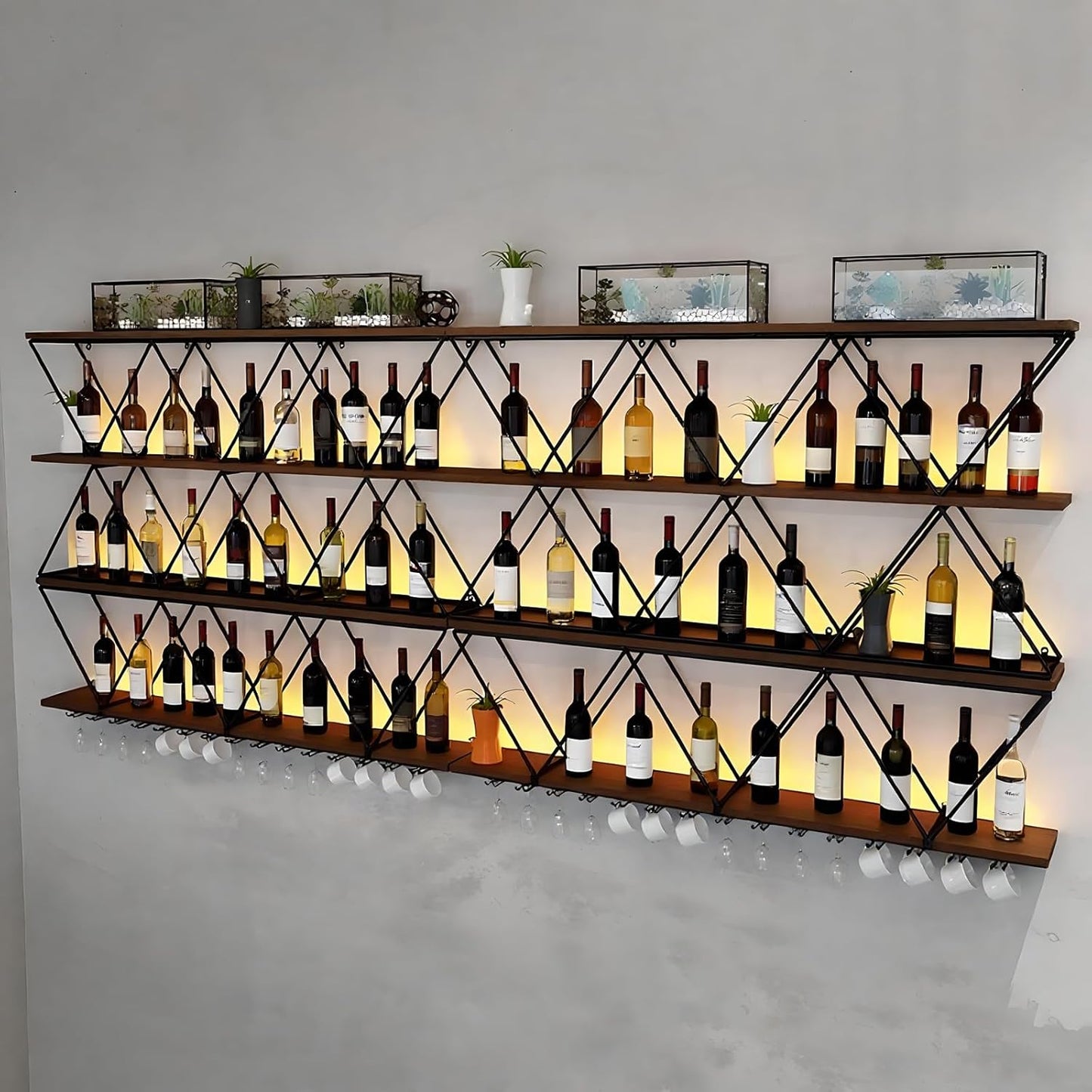 142in Wine Rack Wall Mount with Glass Holder, DIY Floating Wine Rack, Multi-Function Bar Wine Bottle Display Rack for Commercial Restaurants, Tea Rooms, Bars, Wine Cellars (black, 142in/360cm)