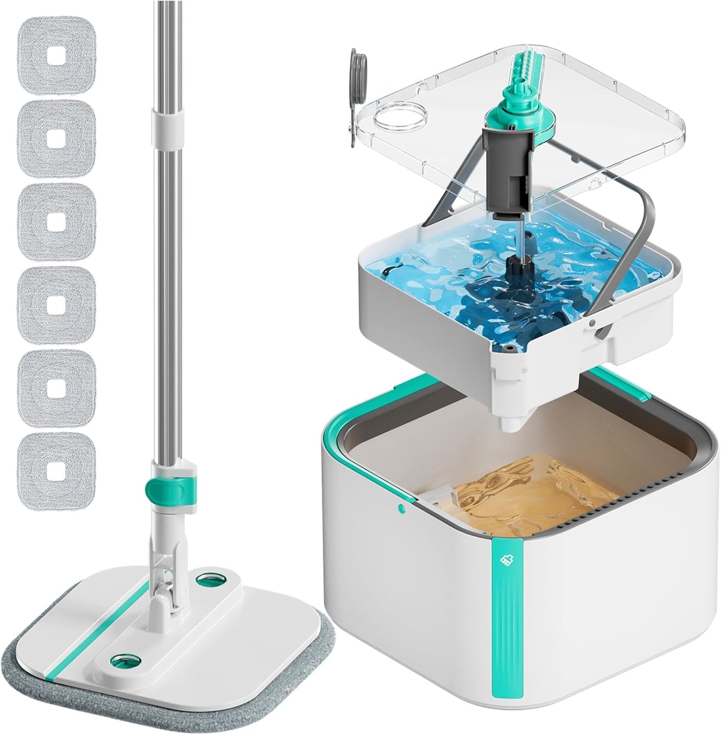 Upgraded Spin Mop and Bucket Set Self-Standing Mop Bucket Separate Dirty and Clean Water System Self Wringing 360° Rotating 90° Foldabl Mops and Buckets for Floor Cleaning (Blue, 6Pads)