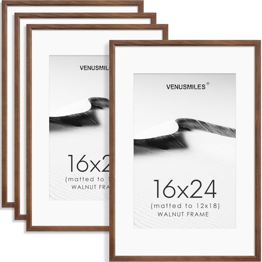 16x24 Poster Frame Set of 4 Natural Solid Walnut Photo Frames with 12x18 Removable Mat Wall Hanging Large Handcrafted Frame with HD Plexiglass Wall and Tabletop Display Large Picture Frame