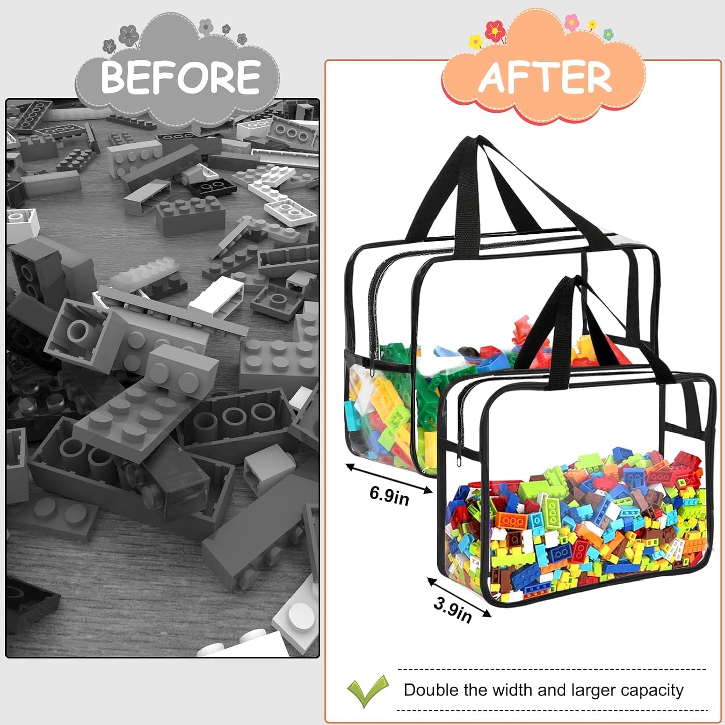 6 Packs Large Toy Storage Bags with Labels, Reusable Clear PVC Board Game Storage, Travel Waterproof Organizer Bags with Zipper for Building Blocks, Puzzle, Kids Books(3 large & 3 Extra Large)