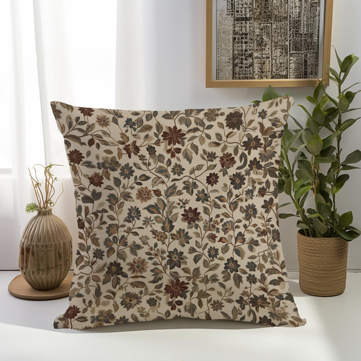 William Morris Abstract Vintage Floral Velvet Butterfly Design Throw Pillow Covers Home Decor, Retro Art Deco Pillowcase Cushion Cover for Bed Sofa Living Room, Square 18x18inch (Beige-Floral)