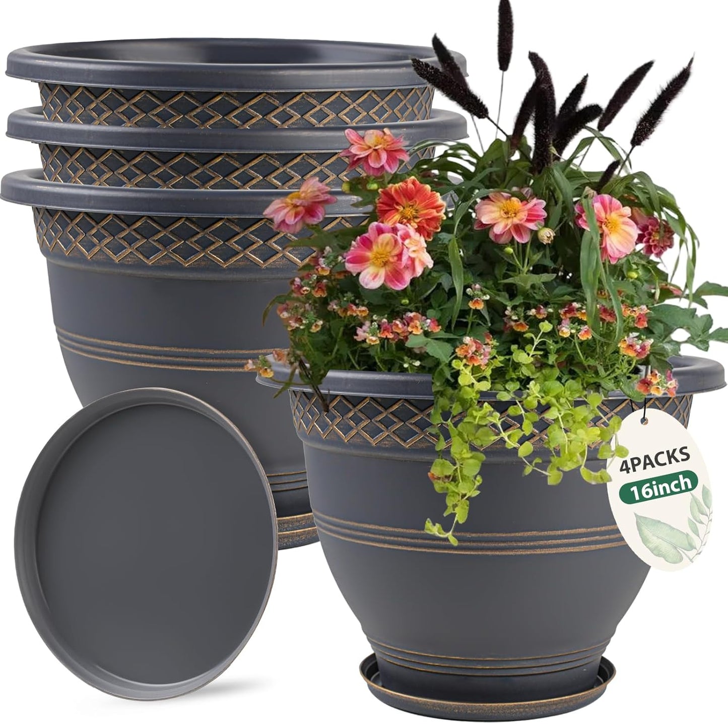 4 Pack 16 Inch Large Plant Pots, Plastic Flower Pot for Indoor & Outdoor with Drainage Holes & Saucer, Plaid Pattern Planters Garden Pots for Herbs Gold