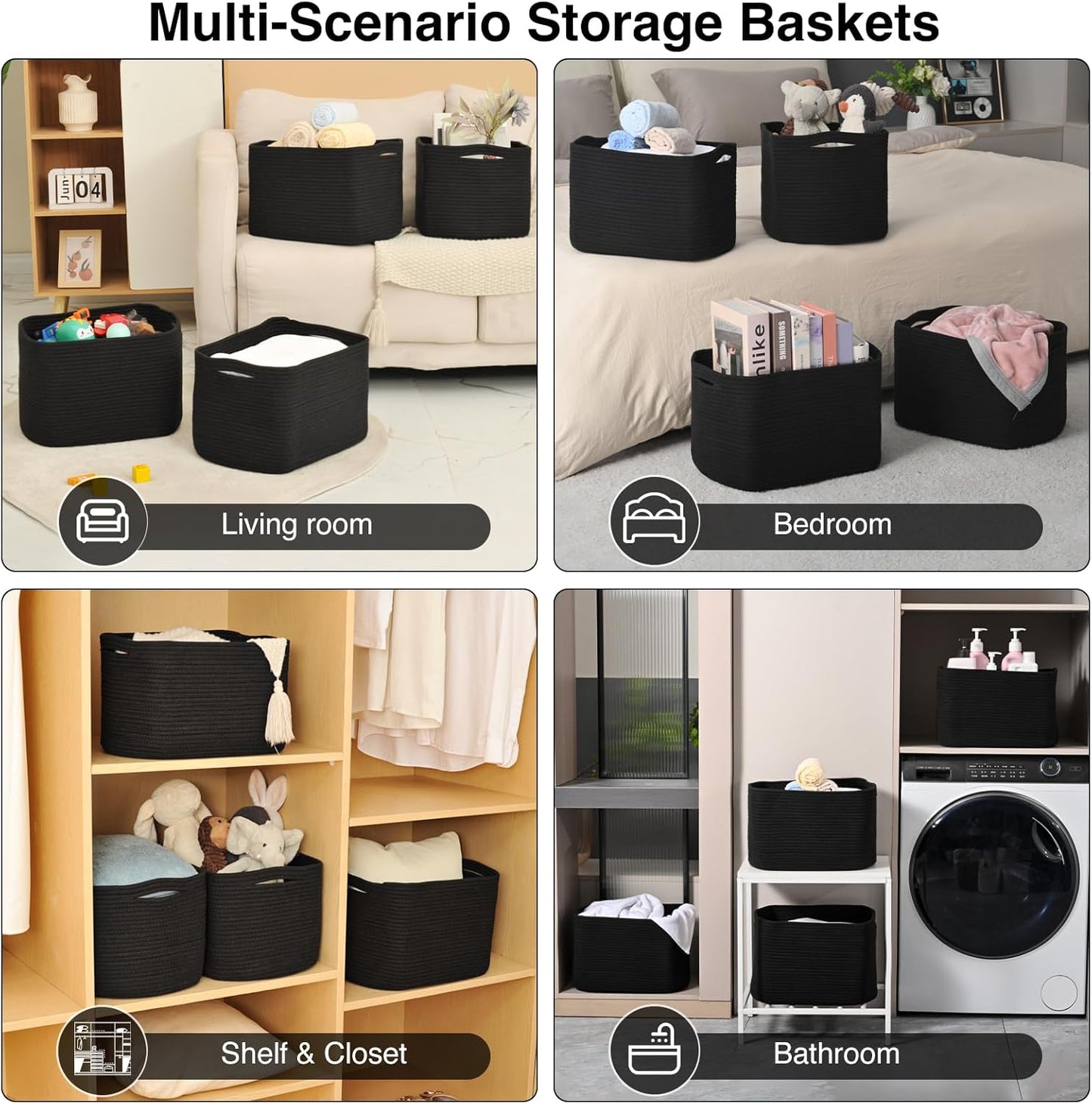 Storage Baskets for Organizing & Shelves, Woven Cotton Rope Organization Bins for Dog Toys, Clothes, Books, Nursery Organizer, 15" Lx11''Wx9.5''H, (4 Packs) Black