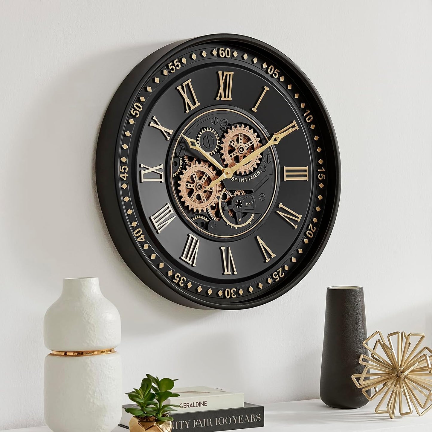 CLXEAST 24 Inch Wall Clock with Moving Gears, Black Gold Roman Numeral Wall Clocks for Modern Farmhouse Living Room Decor,House Warming Gifts New Home