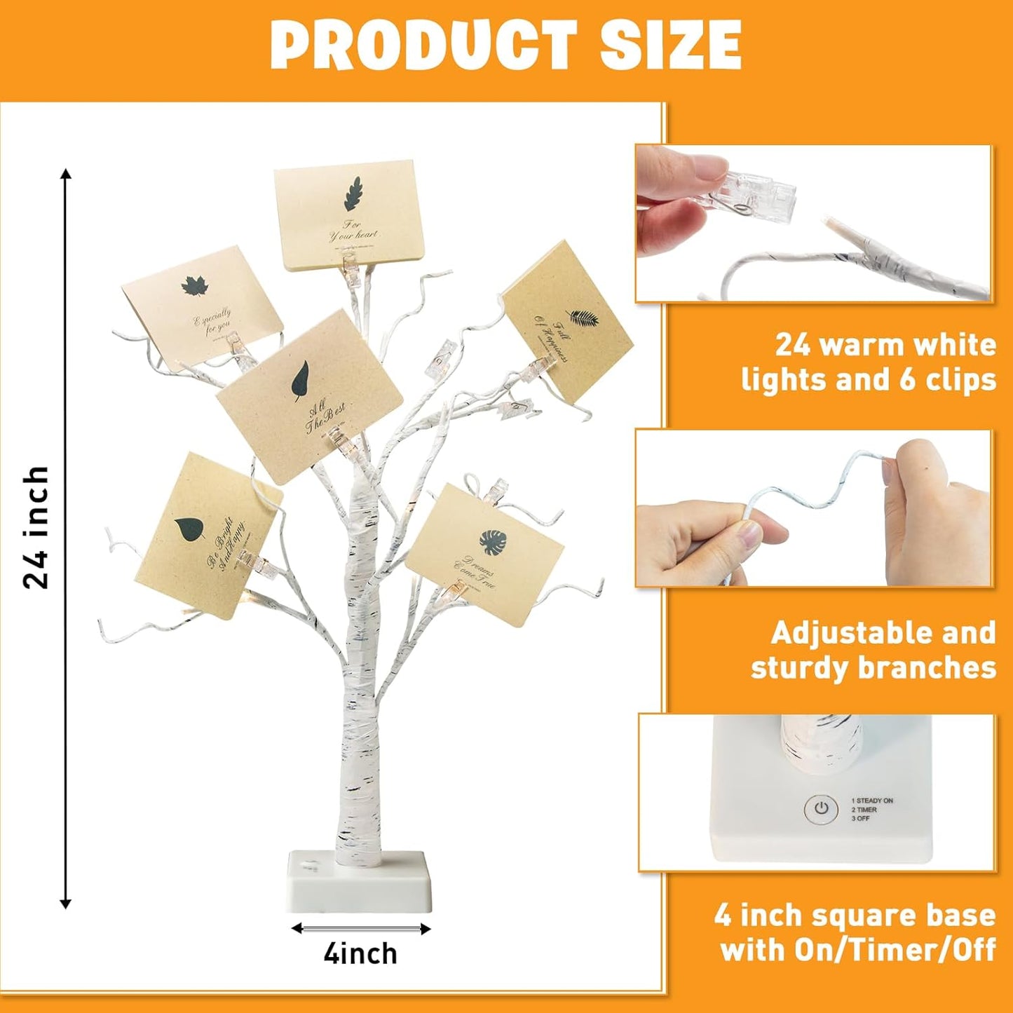 EAMBRITE Money Tree Gift Holder, Lighted Birch Tree 2FT 24LED, Battery/USB Powered Timer Light Up Display Twig Gift Card Tree with 6 Clear Clips and 6 Cards for Home Christmas Graduation Photo Memo