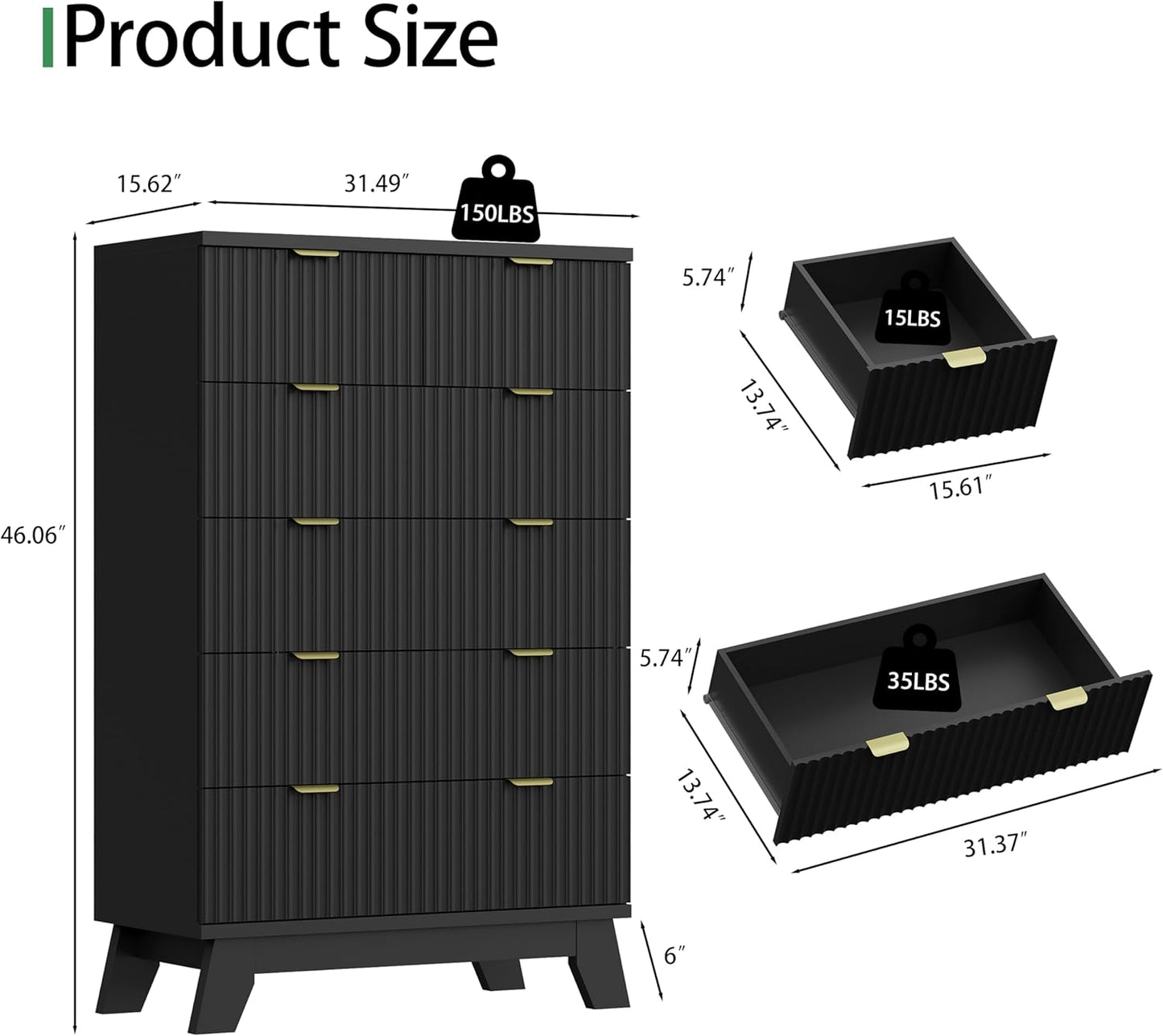 Fluted Dresser for Bedroom with 6 Drawers, 46" Tall Modern Chest of Drawers with Metal Handle, Wooden Dresser TV Stand, Wood Closet Clothes Storage Organizer for Living Room, Hallway, Black