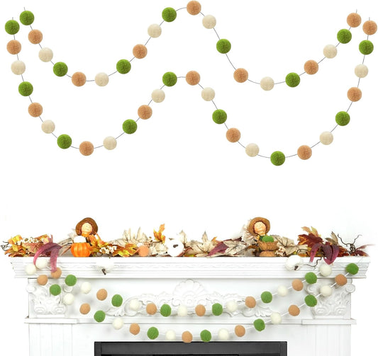 TBD Decor 2pk Pom Pom Garland 13FT Colorful Large Felt Ball Garland Fall Decoration for Mantle,Indoor Holiday Wedding Birthday Party Supplies(Green Brown)