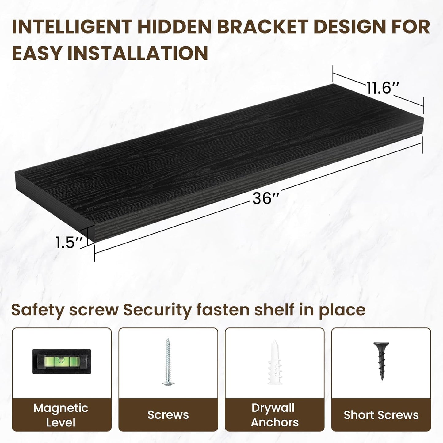 36 Inch Floating Shelves, 12 Inch Deep Floating Shelves for Wall, Floating Shelf with Invisible Brackets, Deep Shelves for Bathroom, Bedroom, Living Room, 2 Pack, Black