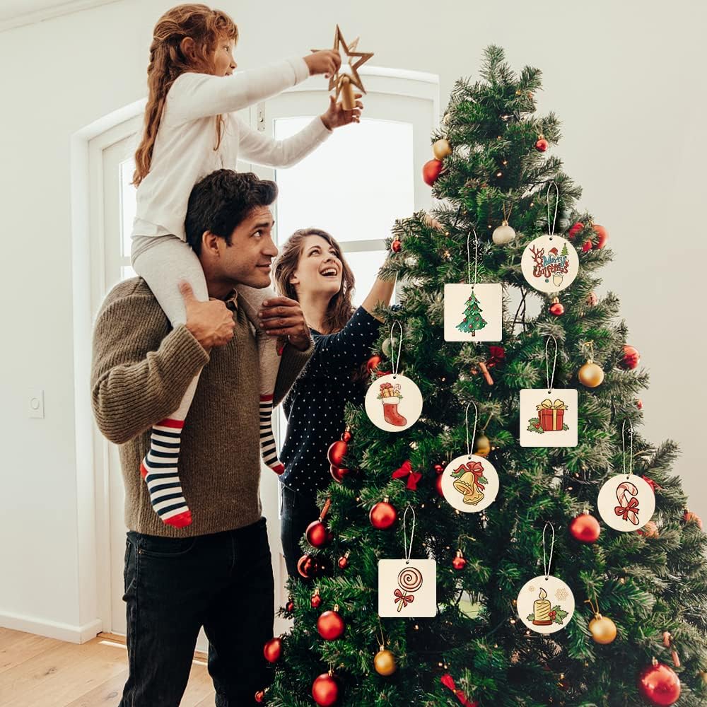 60 Pcs Wooden Tags, 3x3 Inch Unfinished Round Wood Pieces Blank Square Wooden Slices with Holes, with Jute Twines for Sign Tags Home Party Hanging Decoration