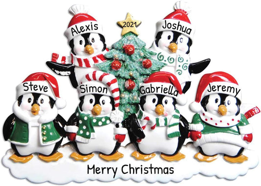 3D Penguin Family of 6 Ornament 2025 Personalized Family Christmas Ornaments 2025 | Snowy Xmas Tree Holiday Penguins Personalized Tree Ornaments for Grandchildren Siblings & Grandkids of Six Ornament