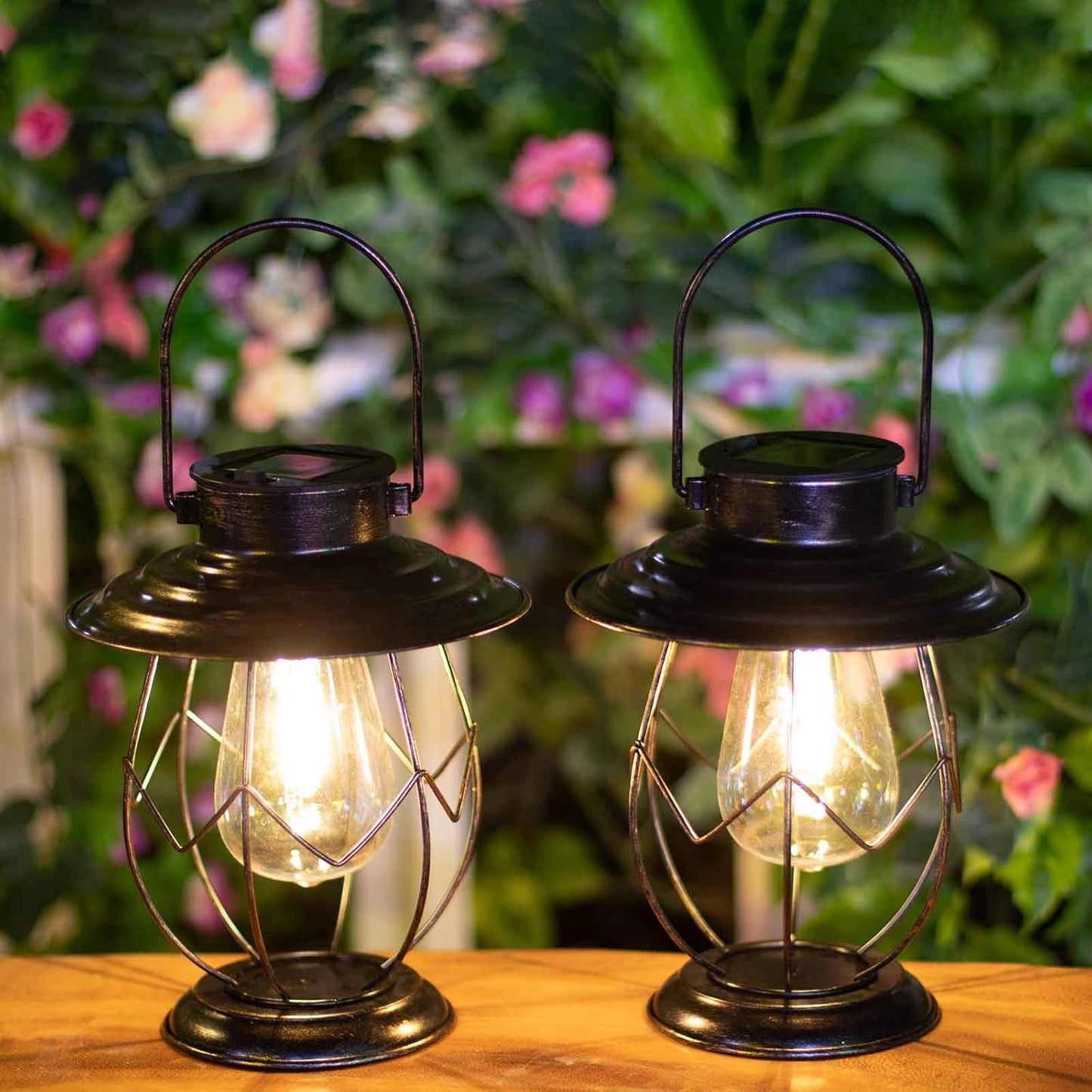 2 Pack Solar Lanterns Outdoor Hanging Solar Lights Decoration with Waterproof Warm Light Bulb for Patio Garden Pathway Yard Table Decor