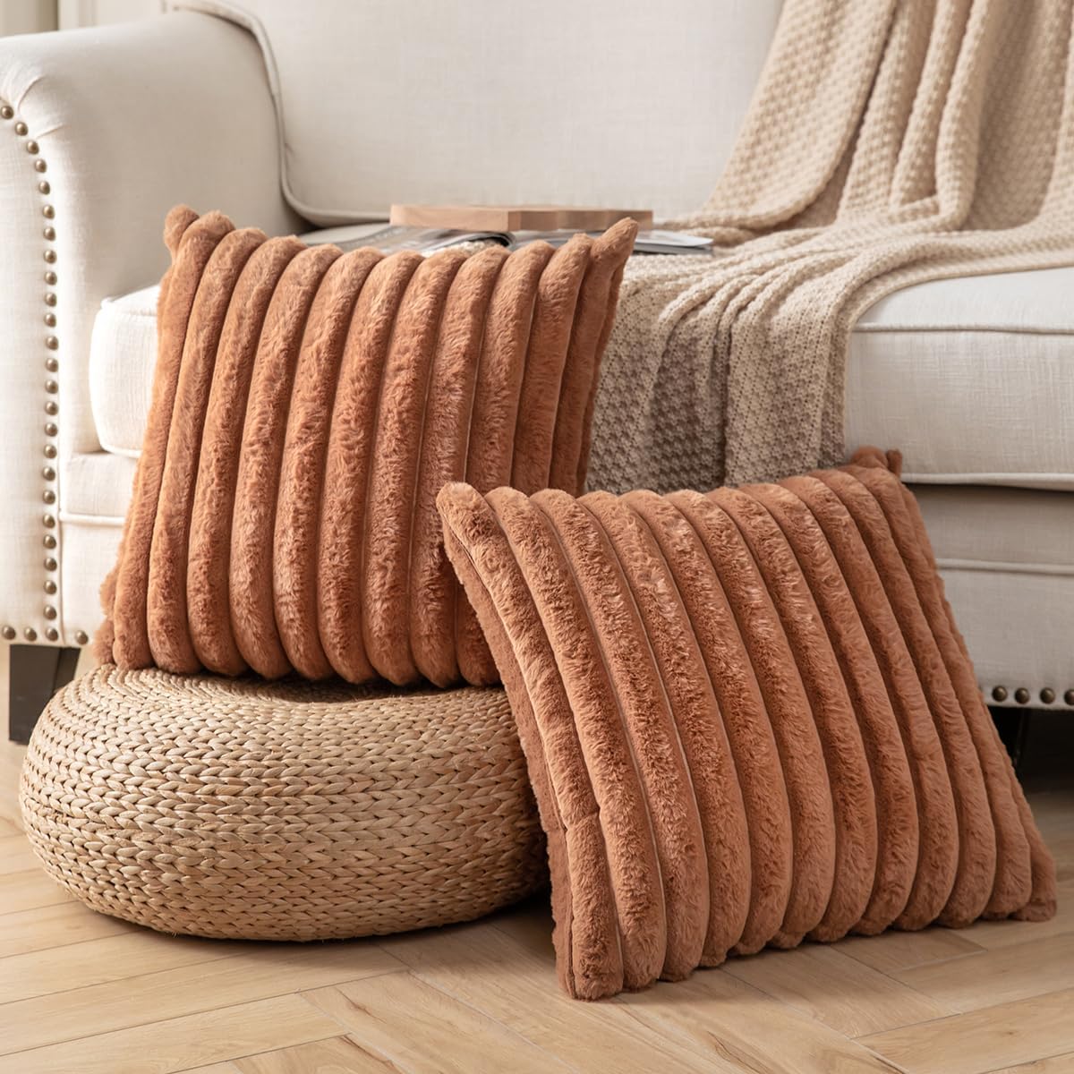 DEELAND Pack of 2,Double-Sided Faux Fur Plush Decorative Throw Pillow Covers Fuzzy Striped Soft Pillowcase Cushion Covers for Sofa Couch Bedroom Brown 22x22 inch
