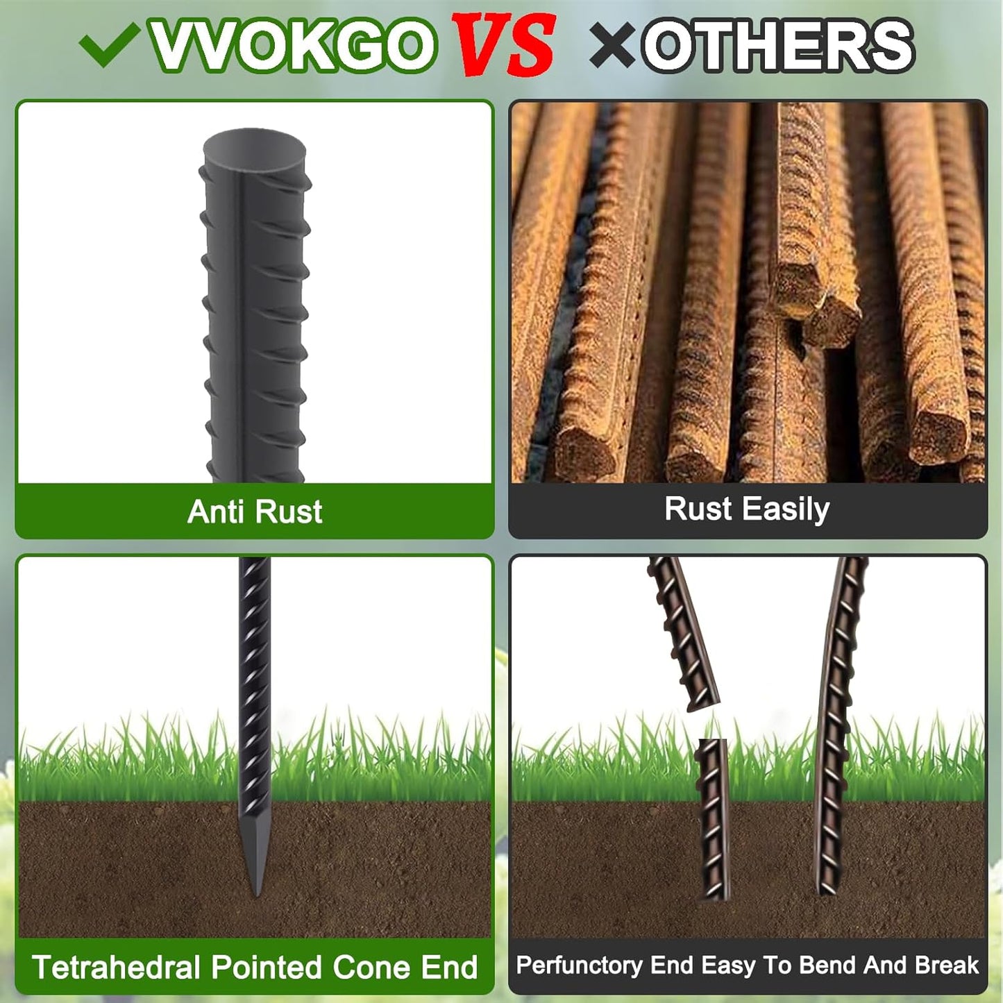 VVOKGO Rebar Stakes 24 Inch Ground Straight Concrete Form Stakes Heavy Duty (8pcs), 3/8" Diameter Metal Steel Spikes Anchors with Chisel Point End for Plant Support, Garden Border,Landscape Edging