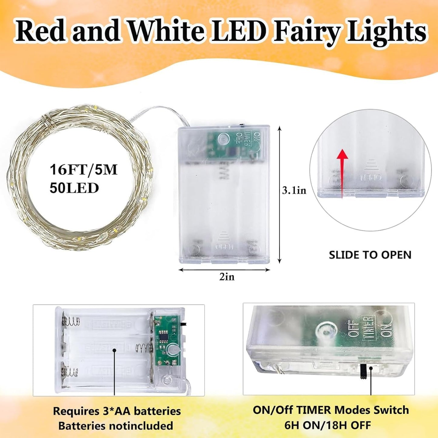 4-Pack Red and White Fairy Lights Battery Operated with Timer, Waterproof 16FT 50 LED String Lights Outdoor Indoor, Christmas Lights for Bedroom Home Wedding Birthday Xmas Parties and Centerpieces