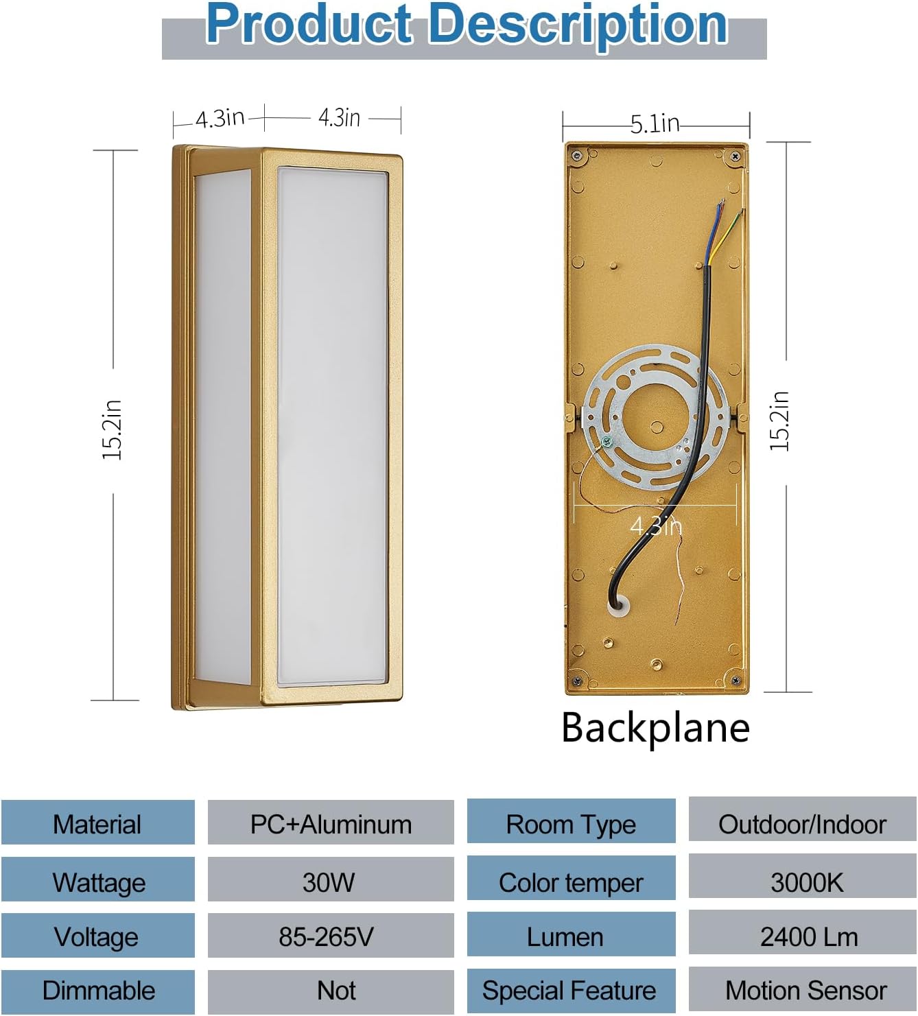 2-Pack Outdoor Wall Light LED 30W Aluminum - Gold Modern Exterior Sconce,3000K Warm,Waterproof Rectangular Porch Wall Mount Lighting Brightens to Patio,Garage,Front Door