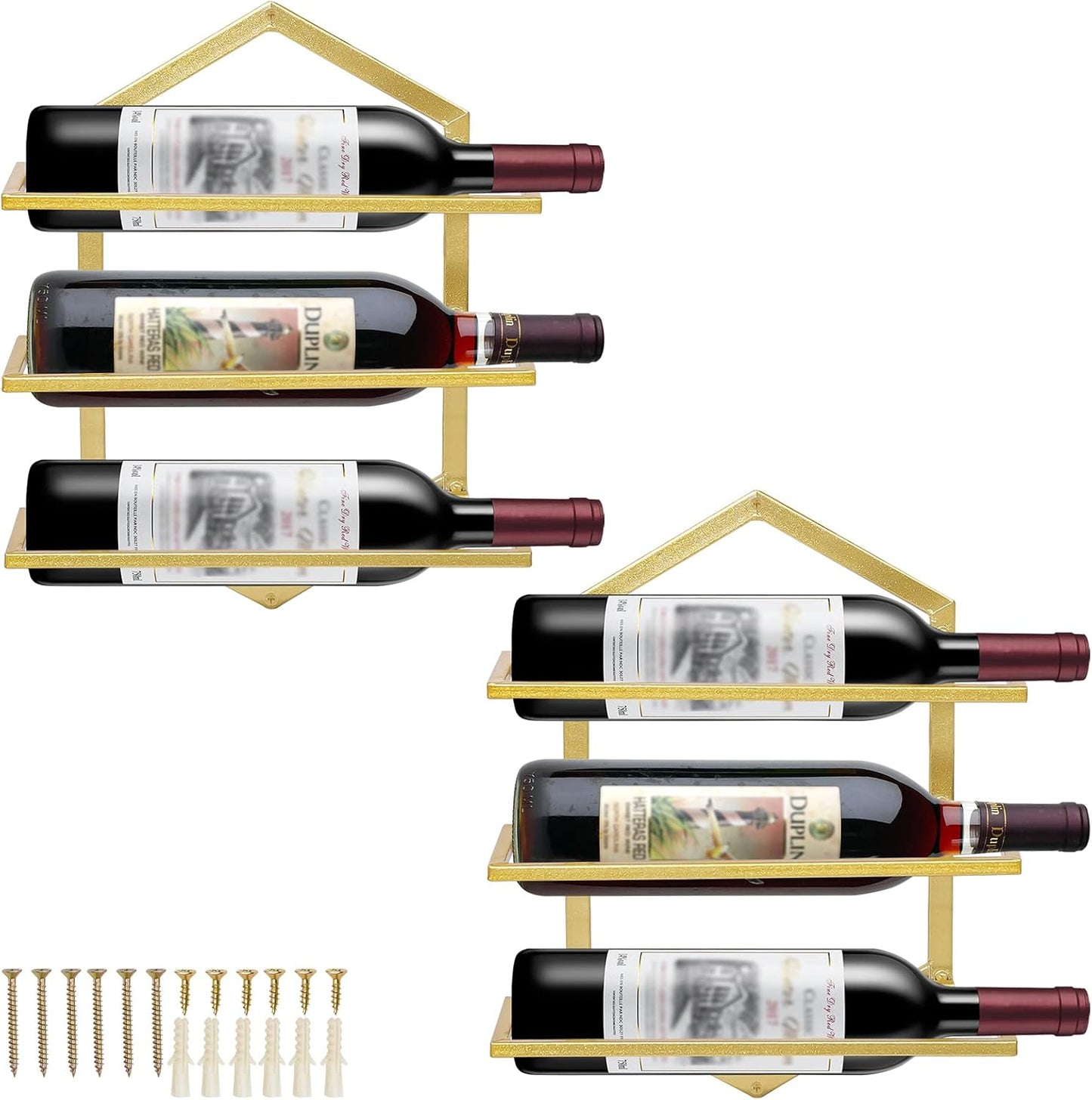 2Pcs Wall Mounted Wine Stemware Rack, Metal Hanging Wine Glass Display Holde Holds 3 Bottles, Elegant Storage for Kitchen Dining Room Bar Wine Cellar (Gold)