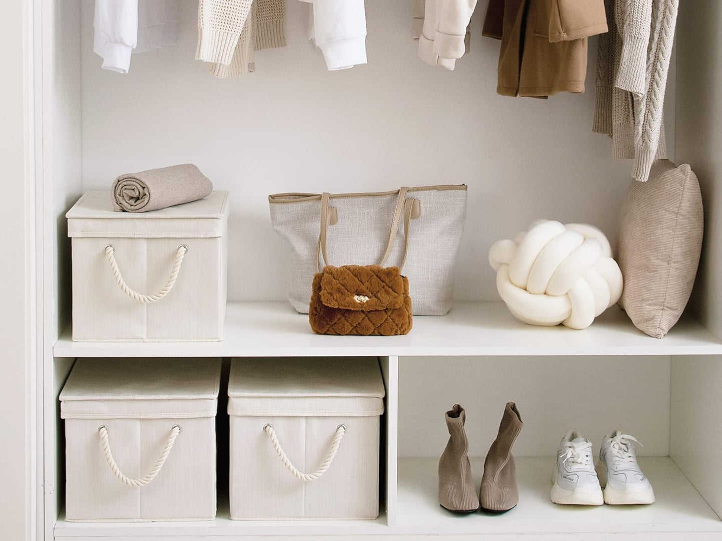 StorageWorks Storage Bins with Lids, Decorative Storage Boxes with Lid and Soft Rope Handles, Foldable Storage Baskets for Closet, Shelves, Stackable, Ivory and White, Jumbo, 3-Pack