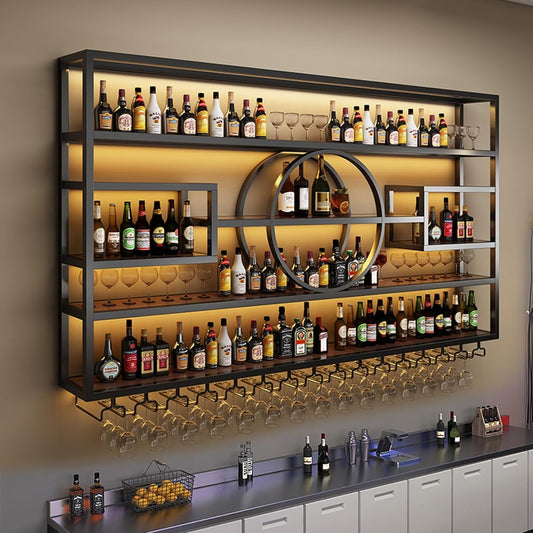 63in Wall Mounted Wine Rack, Modern Metal Wine Bottle and Glass Holder, Iron Display Stand Decorative Wine Rack, for Bar Living Room Dining Room Background (Black, 62.99 * 8 * 51INCH)