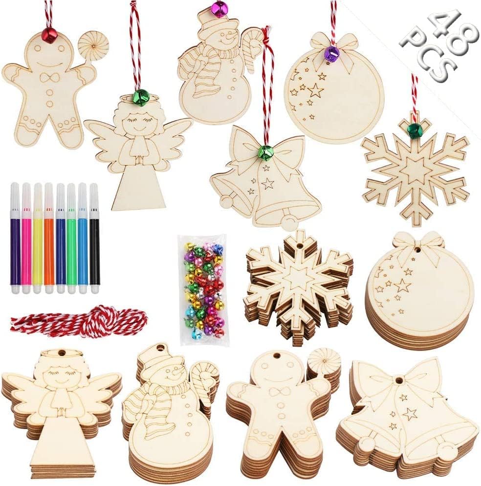 48PCS Christmas Crafts for Kids, Wooden Christmas Ornaments Unfinished Wood Slices with 6 Styles, DIY Christmas Ornaments Kits for Christmas Tree Holiday Hanging Decorations