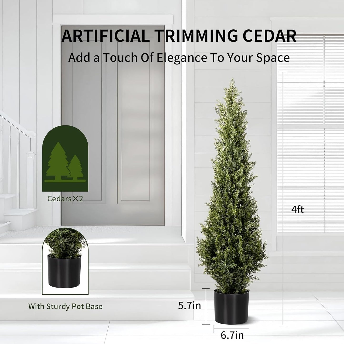 4 FT Artificial Cedar Topiary Trees 2 Set, Realistic Fake Cypress Tree Tall Faux Pine Shrubs Plants Artificial Cypress Trees for Home Offices Porch Decor (4 FT)