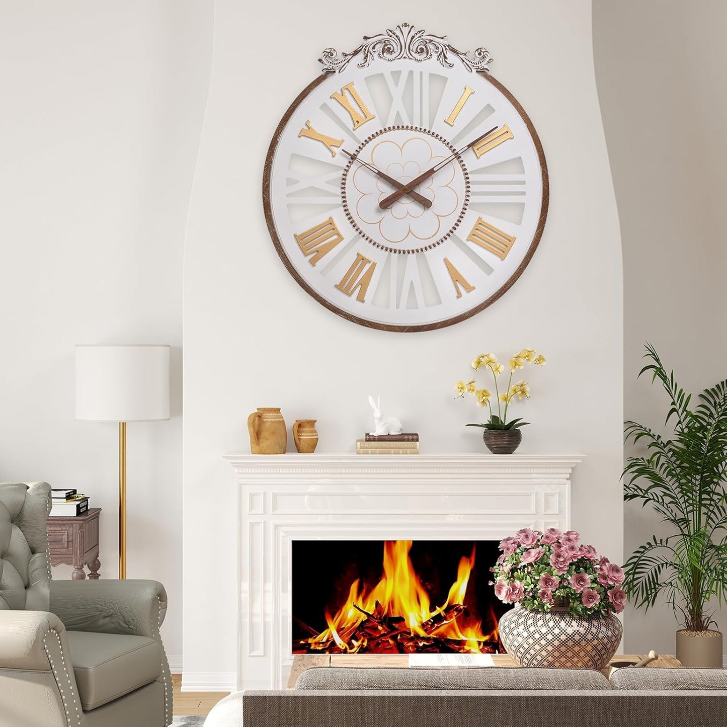 Large Wall Clock–24 Inch Farmhouse Wall Clocks -Big Boho Wood Wall Clock, Silent and Battery Operated Round Rustic Clock for Living Room, Kitchen and Office Decor, White